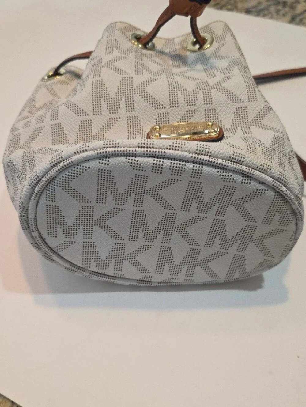 Michael Kors Vanilla Small MK Logo Canvas Fulton Drawstring Crossbody Bucket Bag